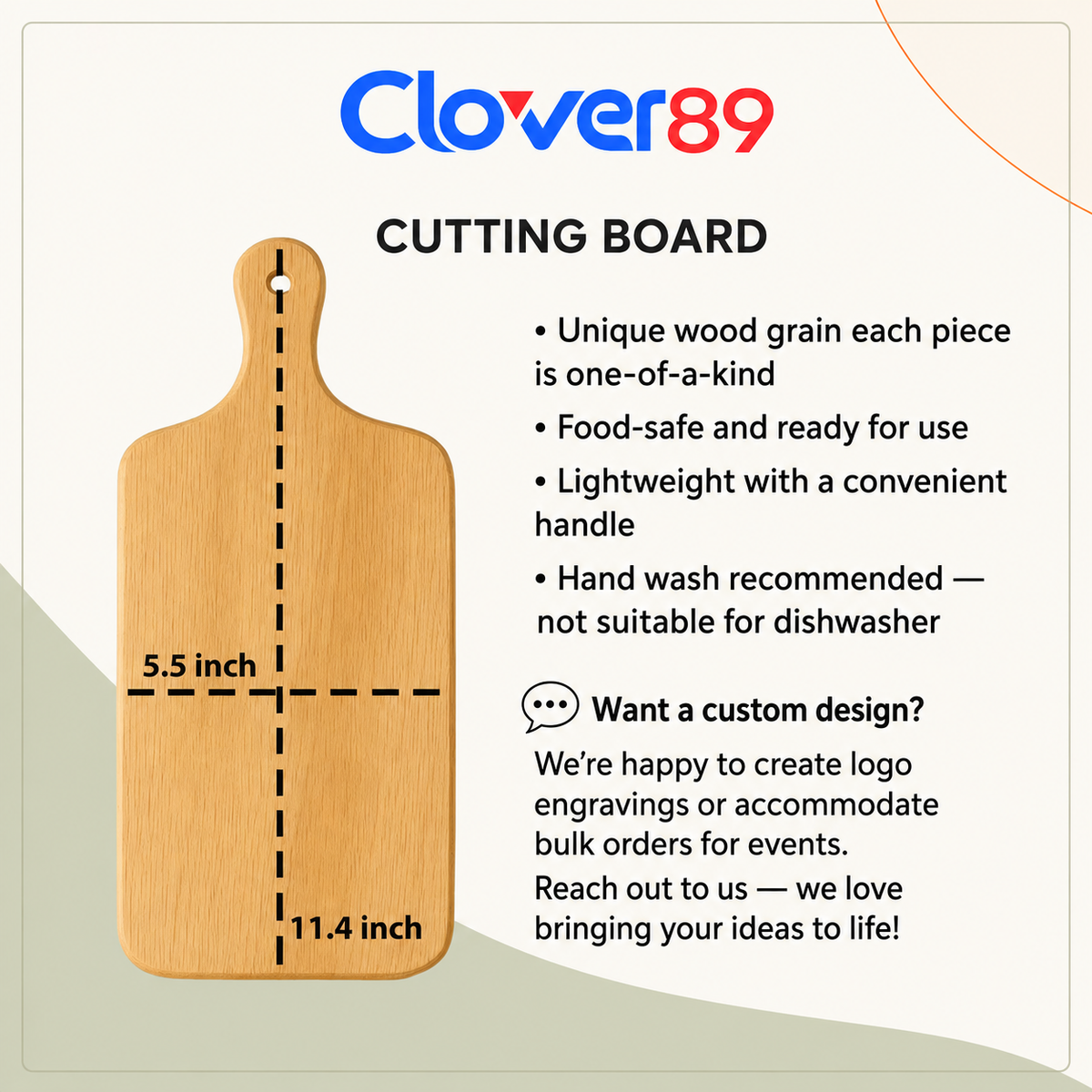 Cutting board info — light wood with handle, 5.5 x 11.4 inches, food-safe, unique wood grain