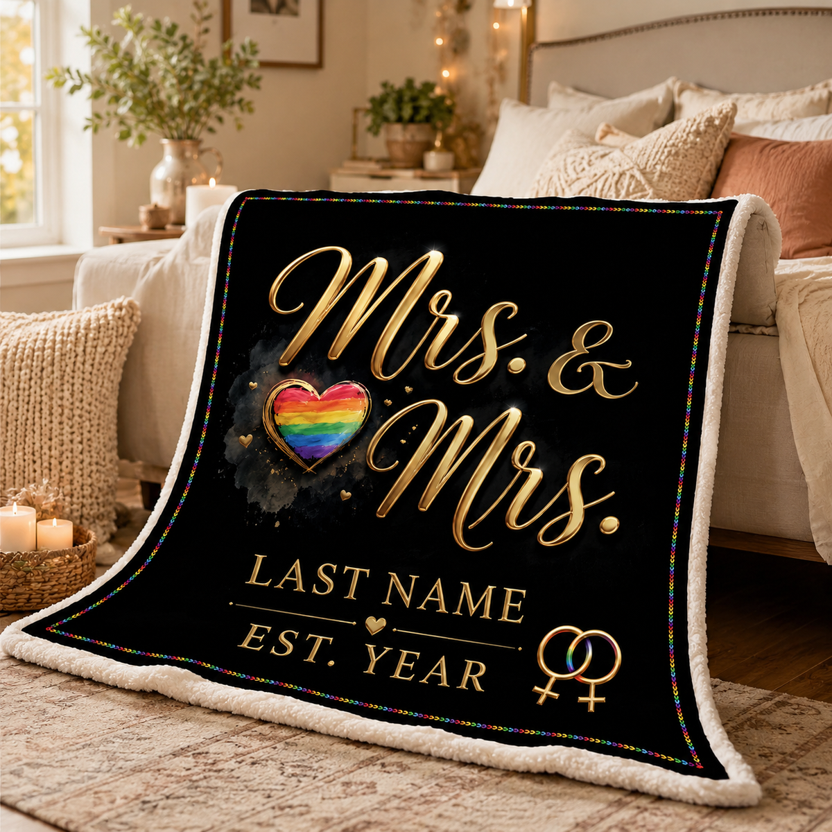 Personalized Mrs & Mrs Wedding Blanket, Custom Names & Year, Anniversary Gift