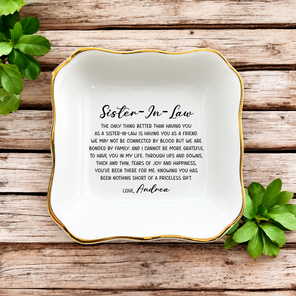 Personalized Sister-in-Law Ceramic Ring Dish, Gold Rim Trinket Tray