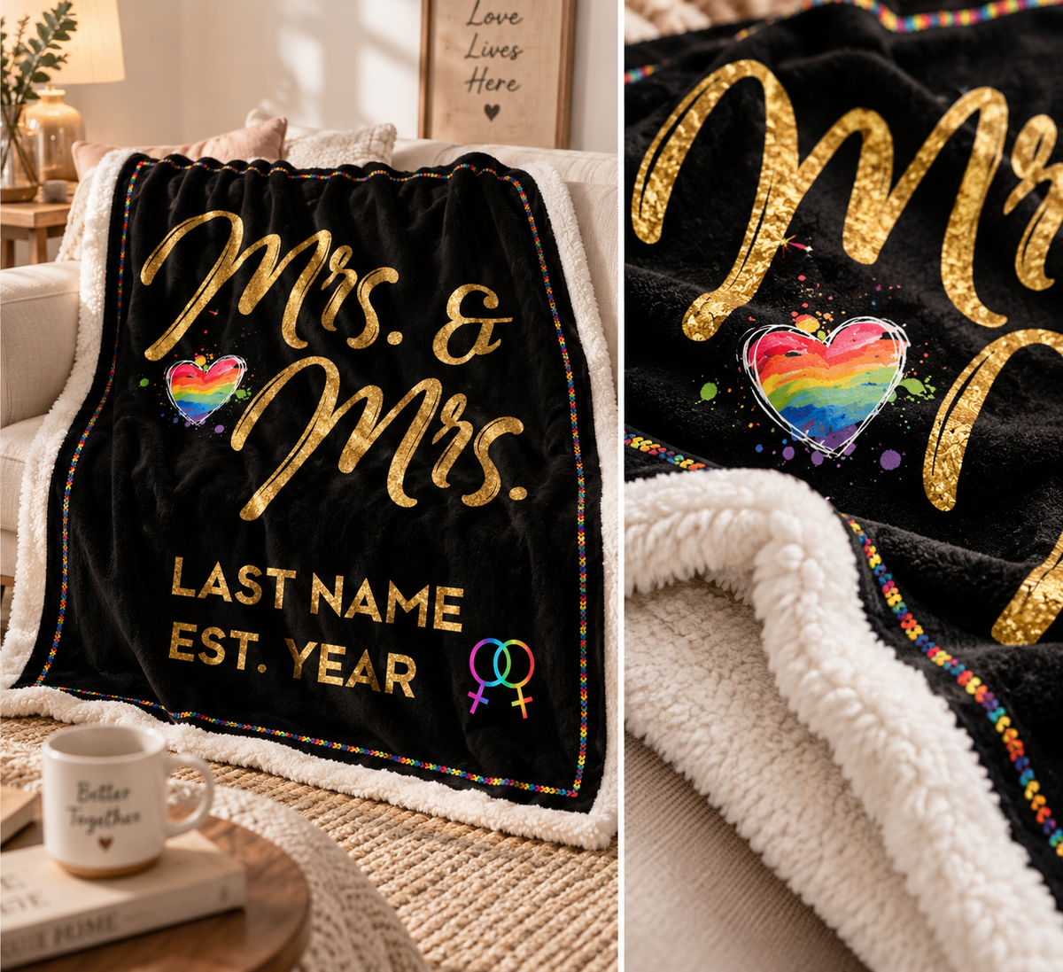 Personalized Mrs & Mrs Wedding Blanket, Custom Names & Year, Anniversary Gift