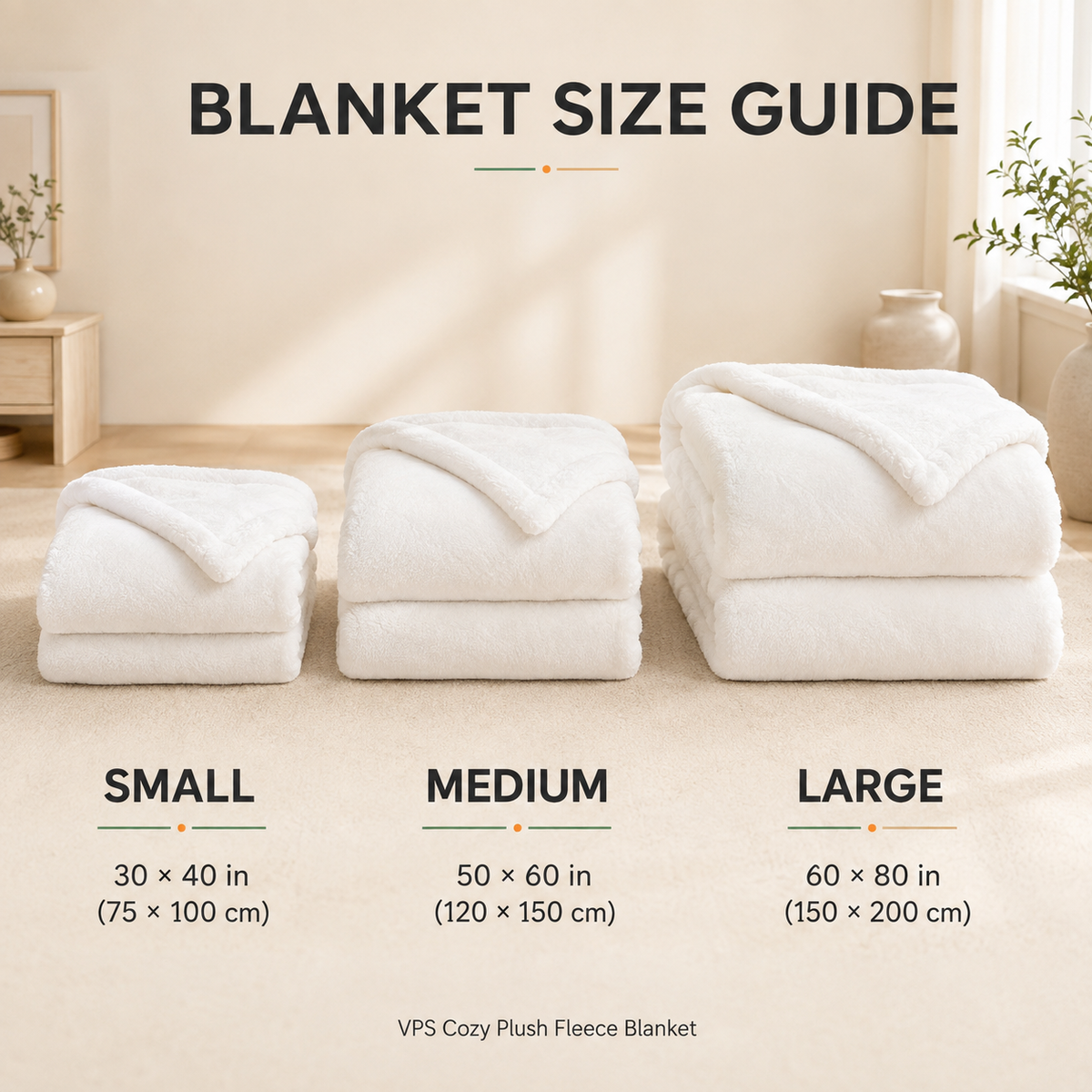 Blanket size guide — Small 30x40in, Medium 50x60in, Large 60x80in
