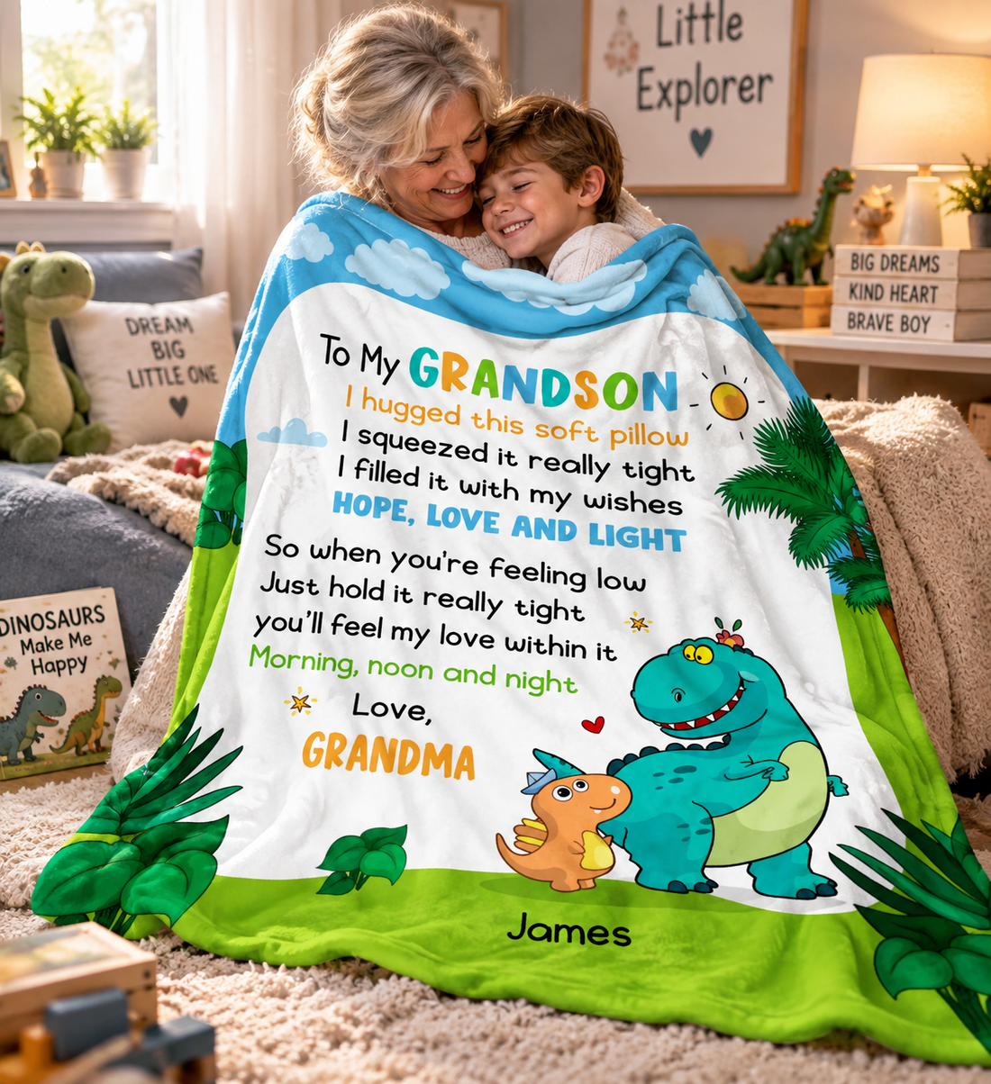 Personalized Dinosaur Blanket, Grandson or Granddaughter Gift