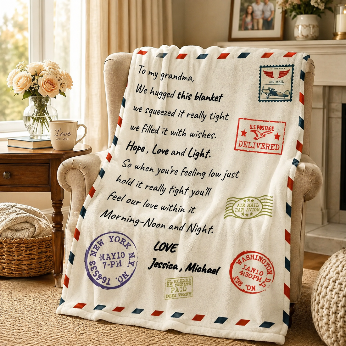 Personalized Airmail Blanket for Grandma, Custom Message Gift