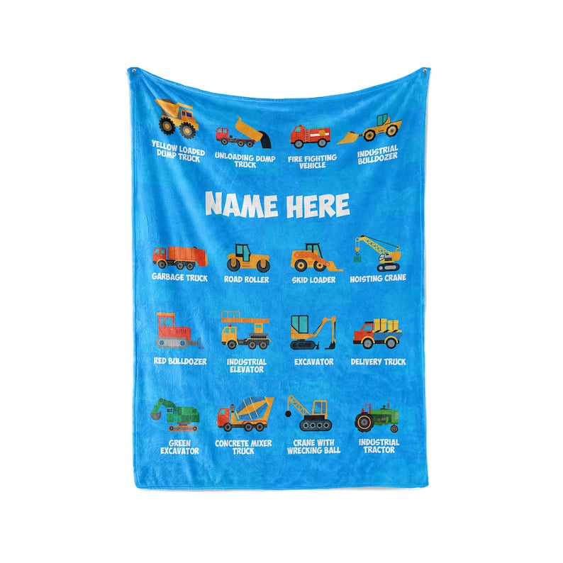 Personalized Construction Vehicle Blanket for Kids, Custom Name Truck Blanket