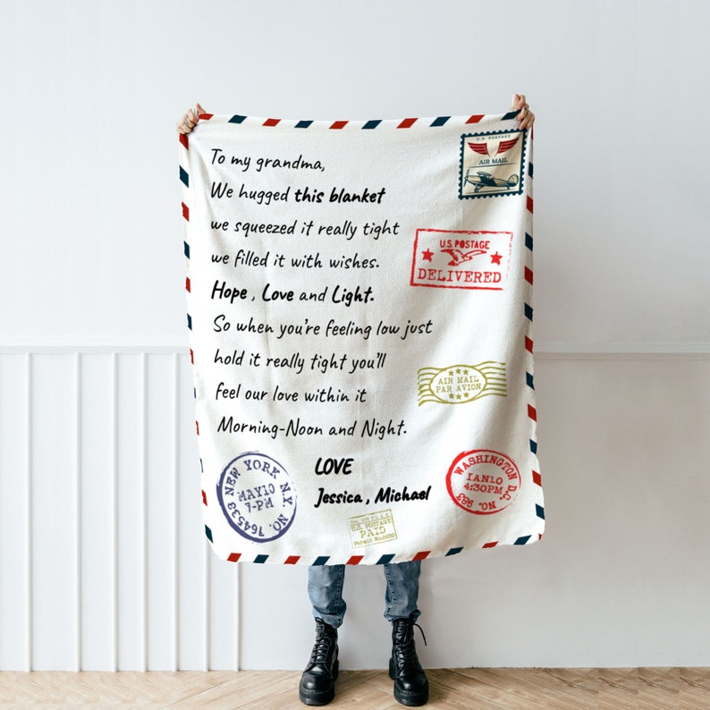 Personalized Airmail Blanket for Grandma, Custom Message Gift
