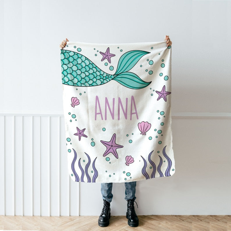 Personalized Mermaid Blanket for Kids, Custom Name Ocean Blanket, Mermaid Gift