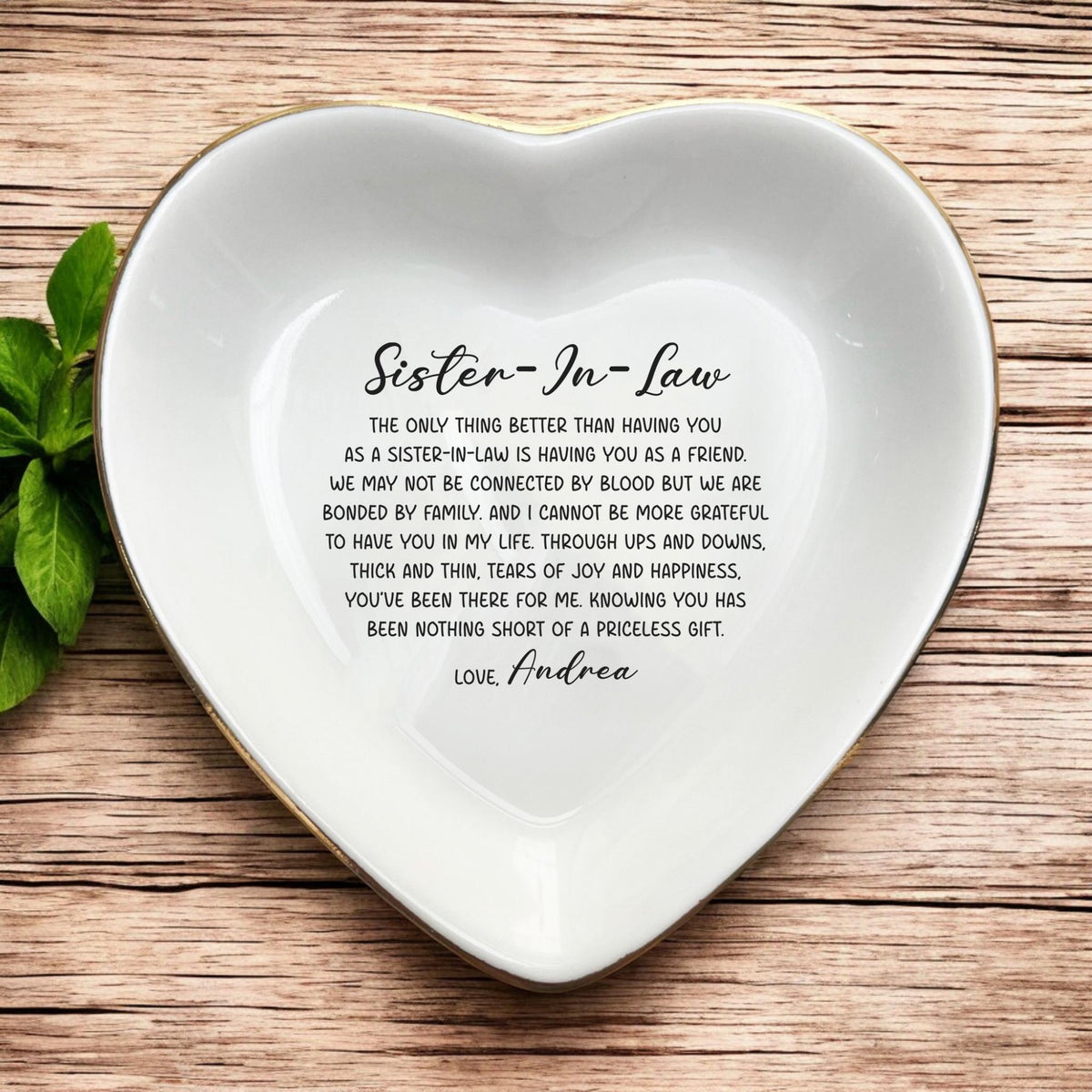 Personalized Sister-in-Law Ceramic Ring Dish, Gold Rim Trinket Tray
