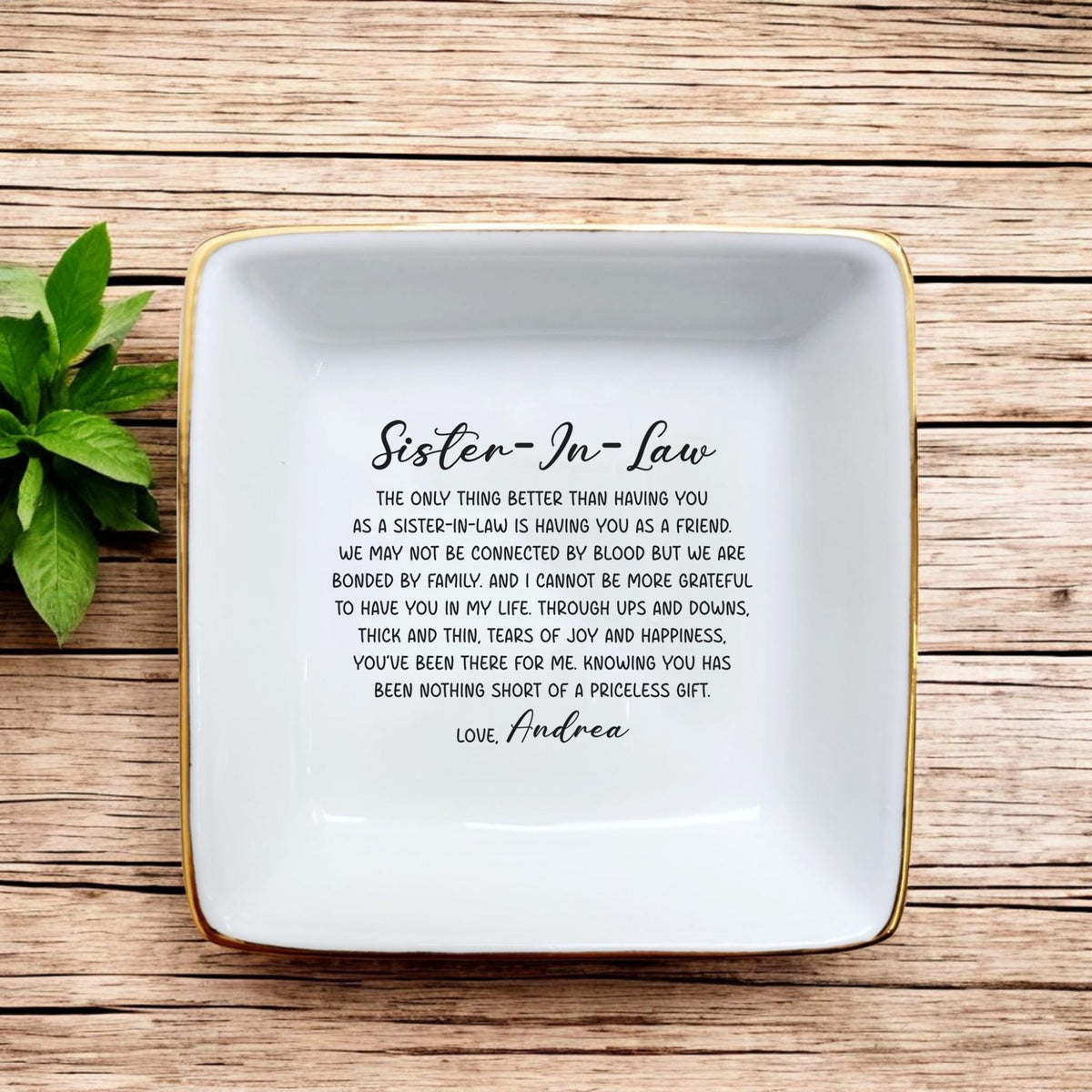 Personalized Sister-in-Law Ceramic Ring Dish, Gold Rim Trinket Tray