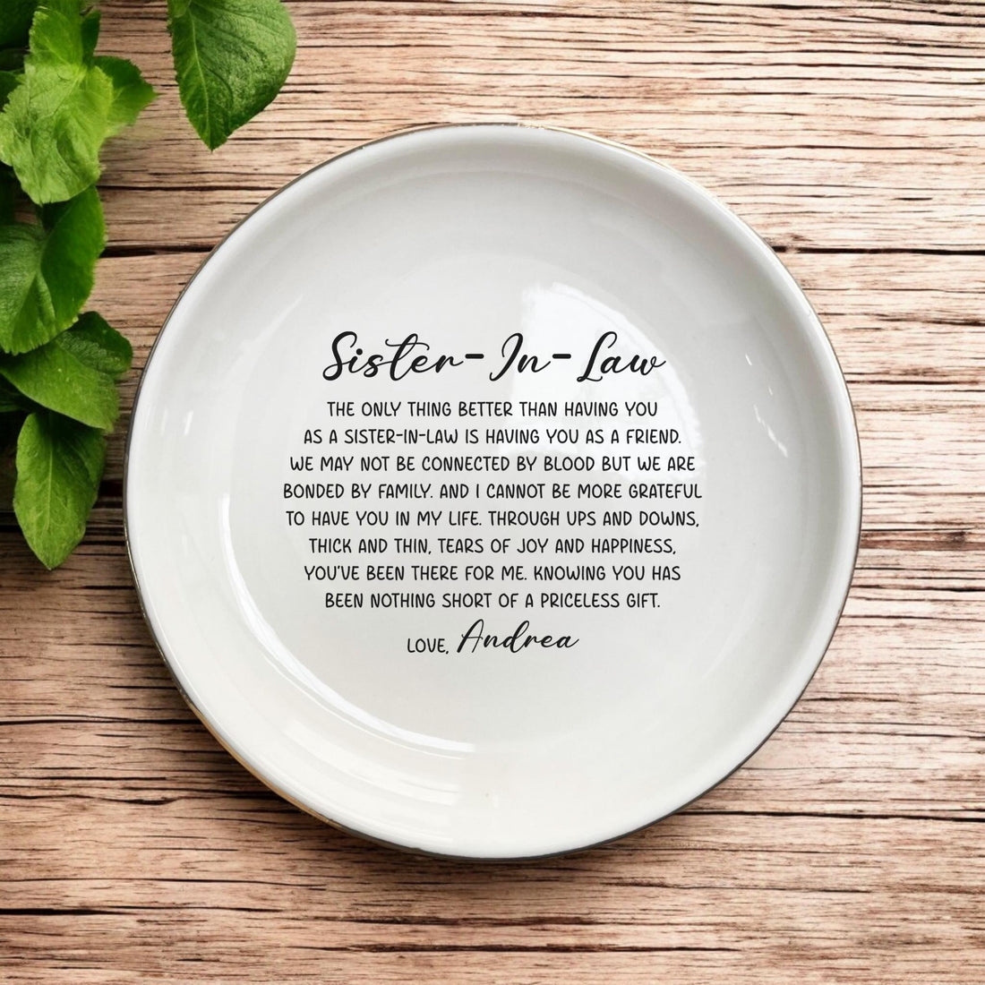 Personalized Sister-in-Law Ceramic Ring Dish, Gold Rim Trinket Tray