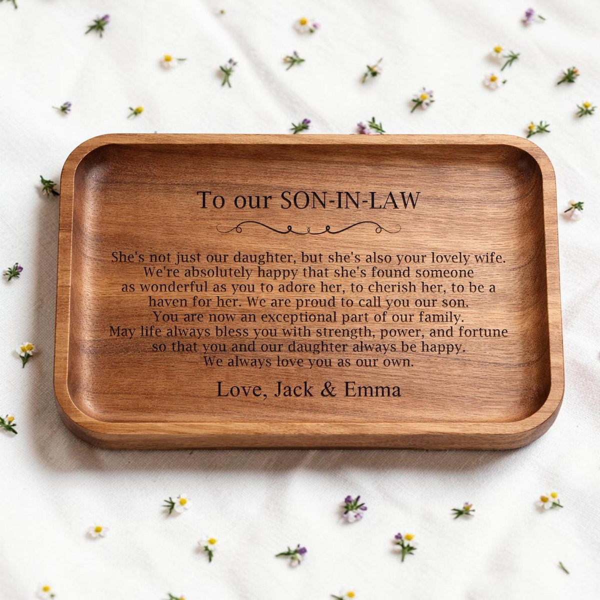 Personalized Son-in-Law Wooden Valet Tray from Bride's Parents