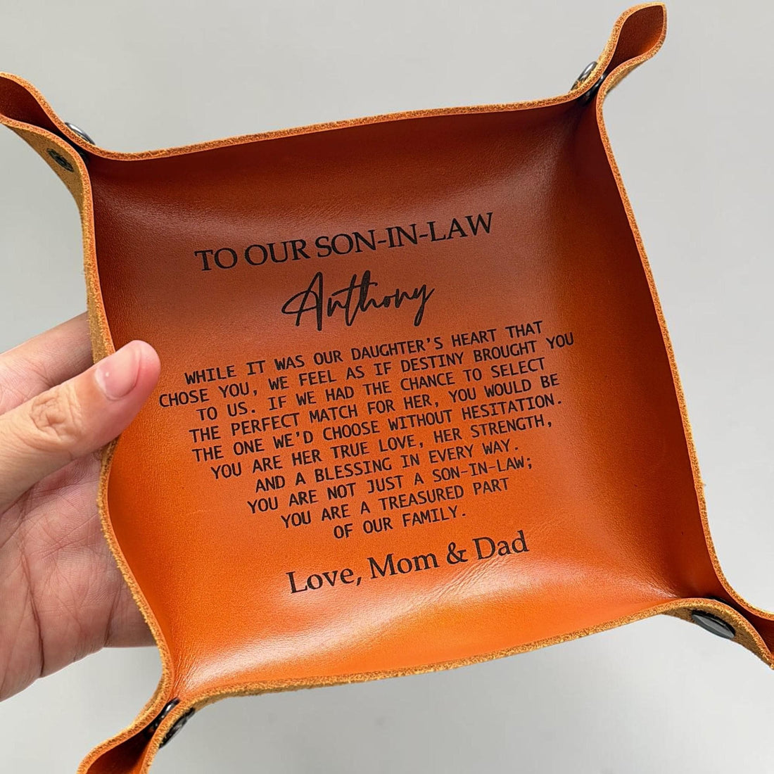Personalized Leather Valet Tray for Son-in-Law