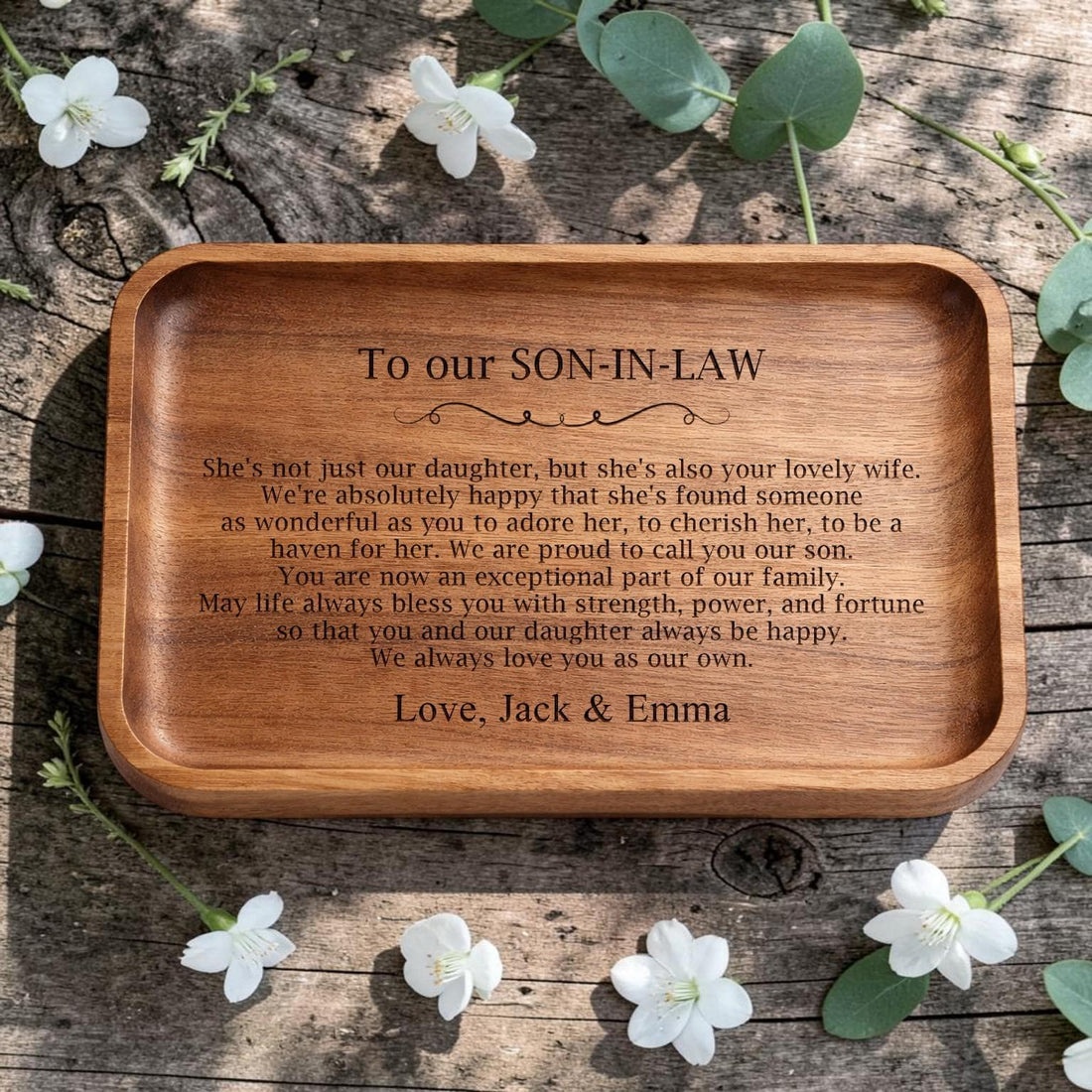 Personalized Son-in-Law Wooden Valet Tray from Bride's Parents