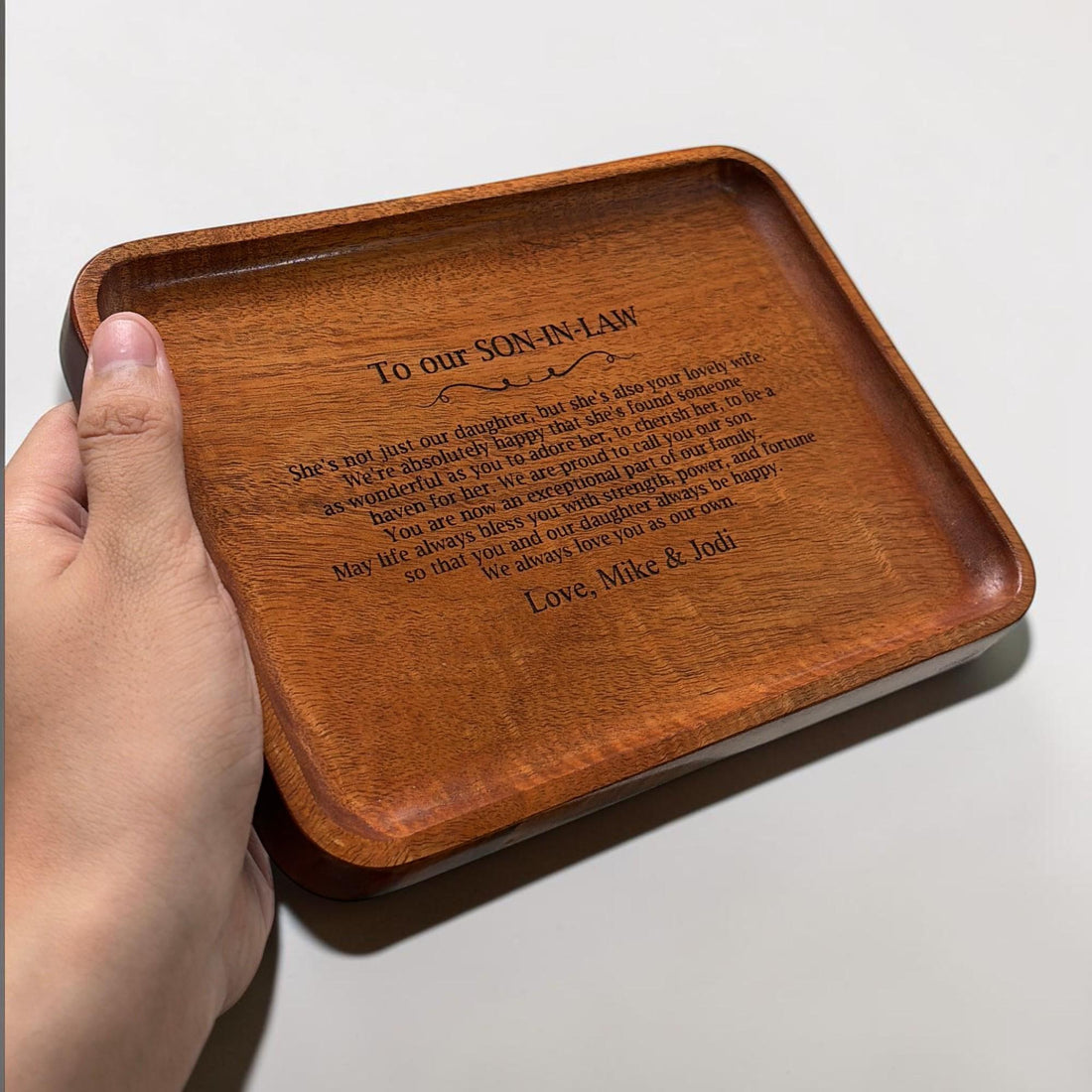 Personalized Son-in-Law Wooden Valet Tray from Bride's Parents