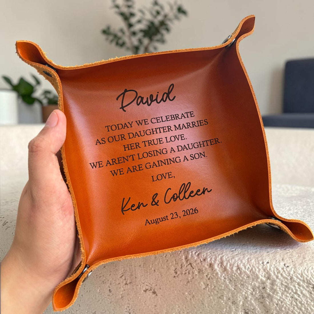Personalized Leather Catchall Tray for Future Son-in-Law