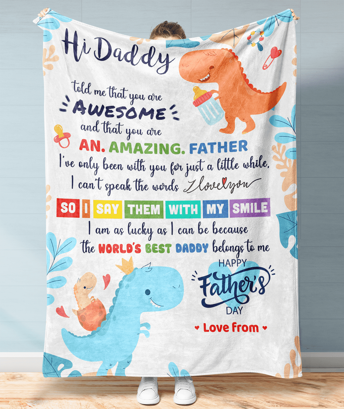 Personalized Dad Dinosaur Blanket, Custom Father's Day Gift for Daddy