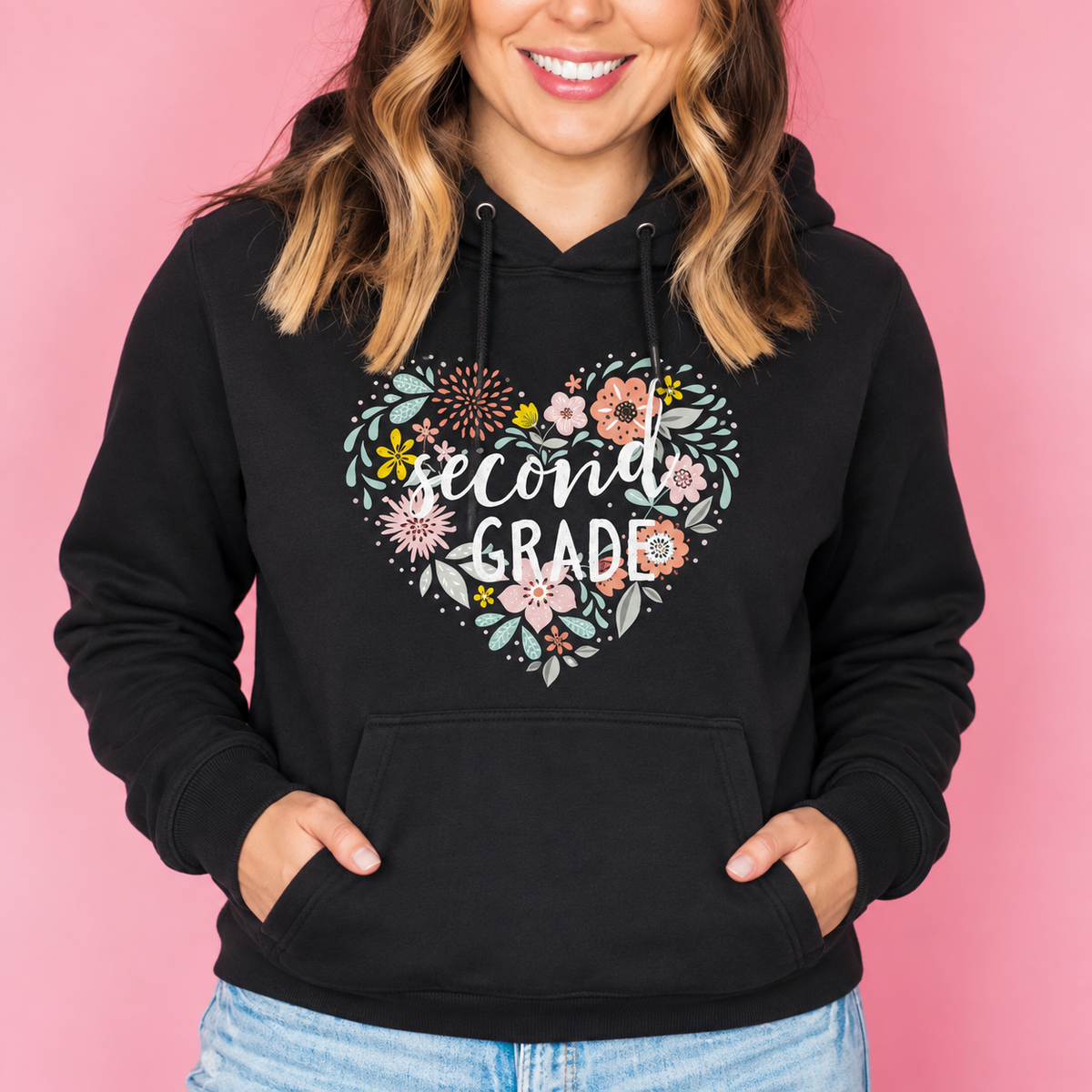 Custom Grade Teacher Hoodie, Personalized Floral Heart Sweatshirt, Black Pullover, Teacher Appreciation Gift