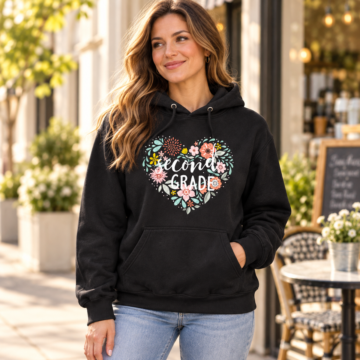 Custom Grade Teacher Hoodie, Personalized Floral Heart Sweatshirt, Black Pullover, Teacher Appreciation Gift